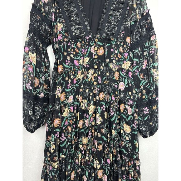 Free People Cassis Printed Chiffon Midi Dress Flowy Ruffles Floral Black Small - Picture 5 of 12